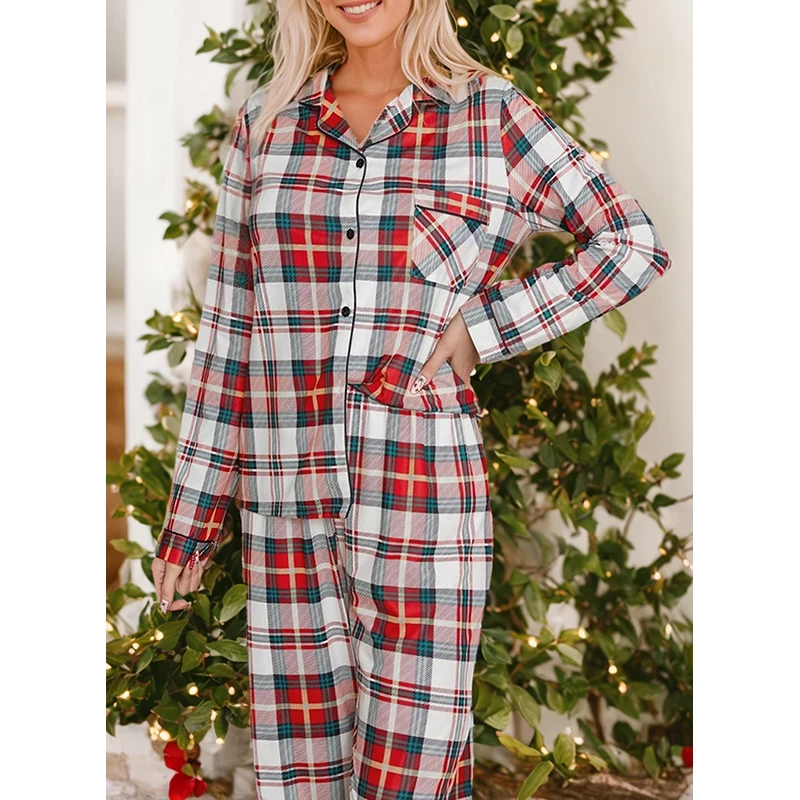 Dear-Lover Wholesale In Stock Fast Shipping Christmas Plaid Print Two Piece Long Sleeve Pajamas Home Wear Set For Woman