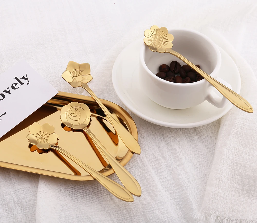 
new design flower shape rose gold stainless steel flatware set coffee spoon tea spoon for hotel restaurant 