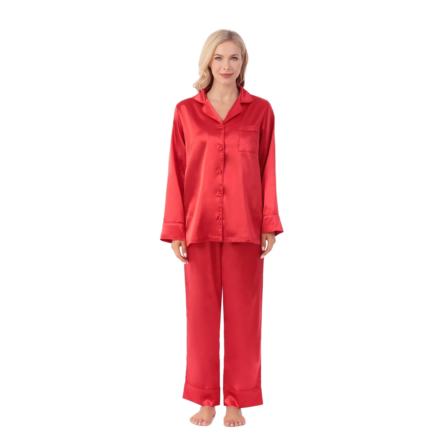 New Style Women Silk Satin Long Sleeve Pajamas Set with Same Color Piping and Buttons