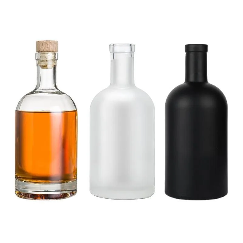 Classic design 750ml powder coating spirits alcohol glass bottle 700ml round Black Vodka glass bottle with cap