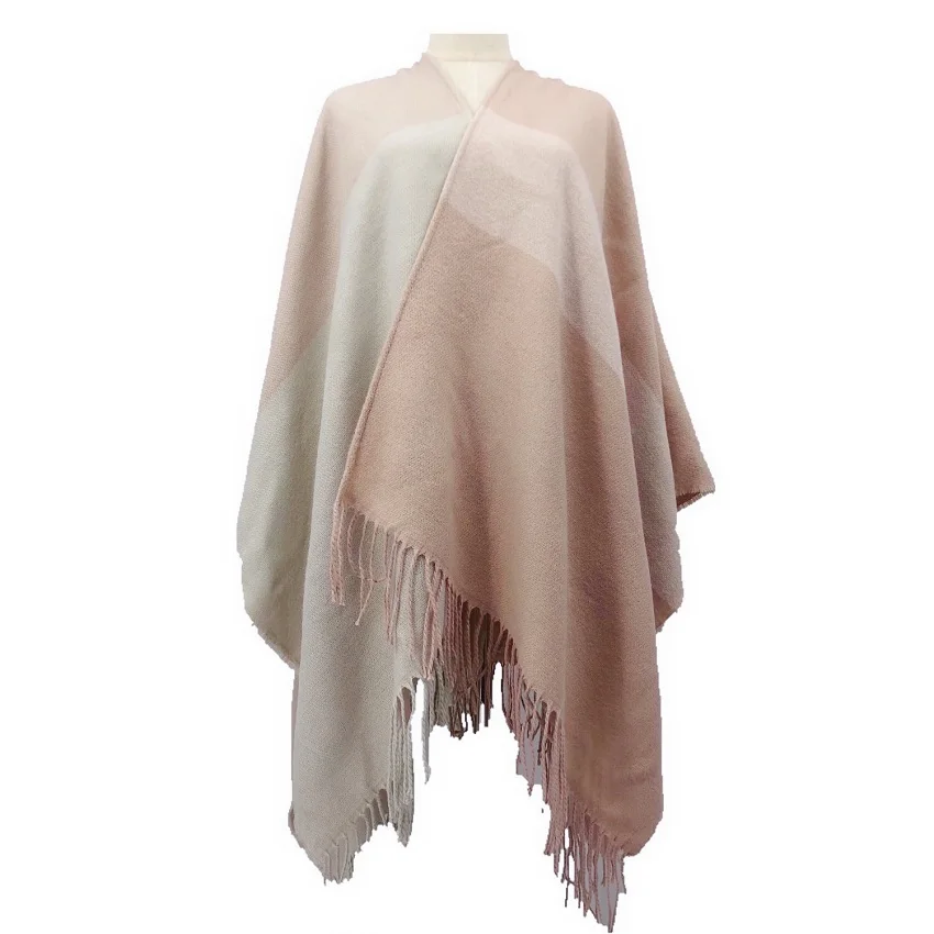 Ladies Big Size Fashion Check Cape Acrylic Knitted Plaid Poncho Color Block Shawl Scarf