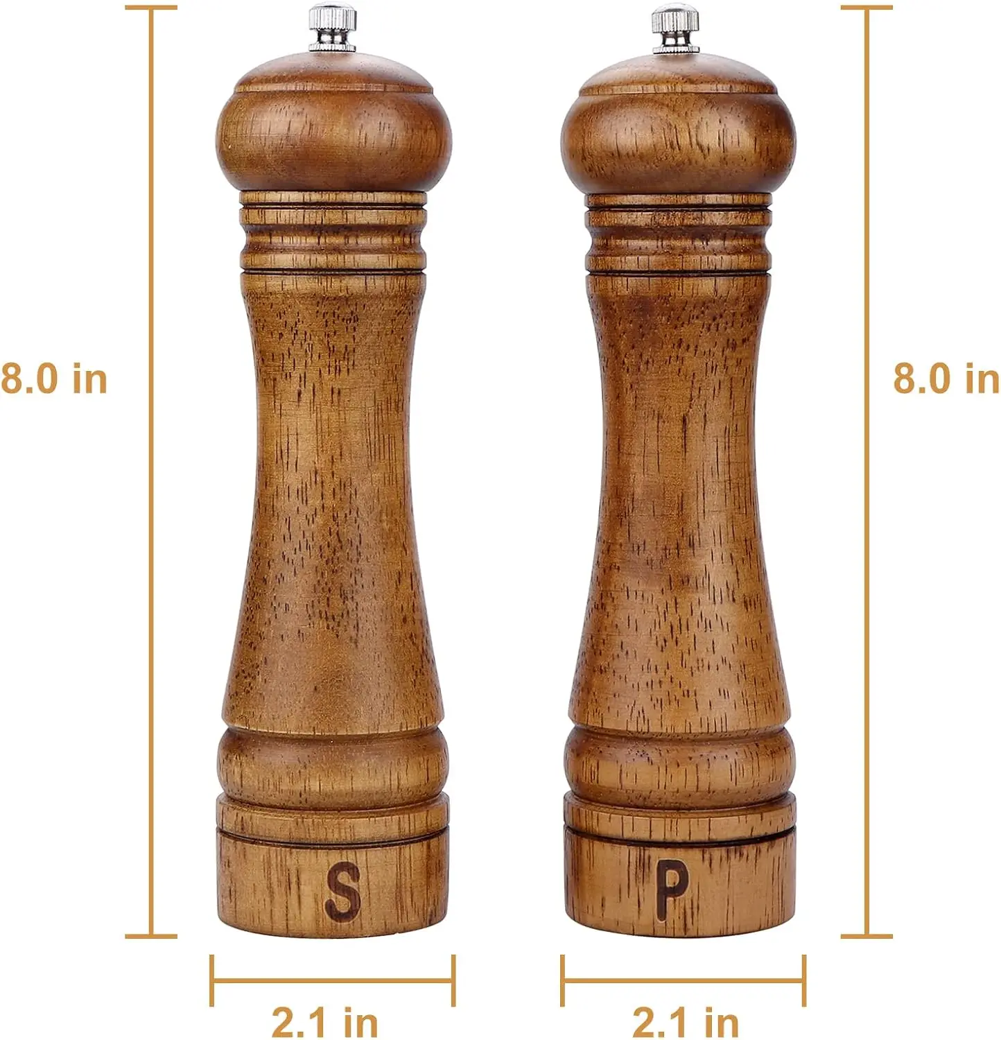Wholesale 2 packs salt and pepper wood grinder set  Salt Shakers Adjustable Ceramic Rotor 8 Inch Oak Ceramic Grinding Mechanism