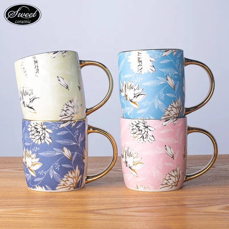 Custom Ceramic 11oz  stackable mug  with golden electroplating handle Coffee mug breakfast cup