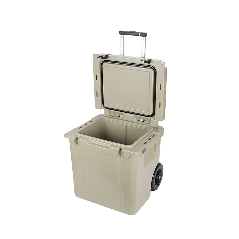 Wholesale high quality wheeled rotomolded hard cooler box customized plastic beach cooler