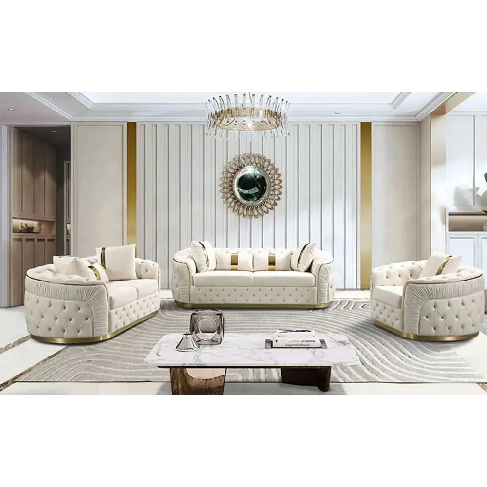 Factory Outlet European Style Luxury 3+2+1Metal Feet Sofa Couches Beige Velvet Pull Out Plush Living Room Sofa Set Furniture