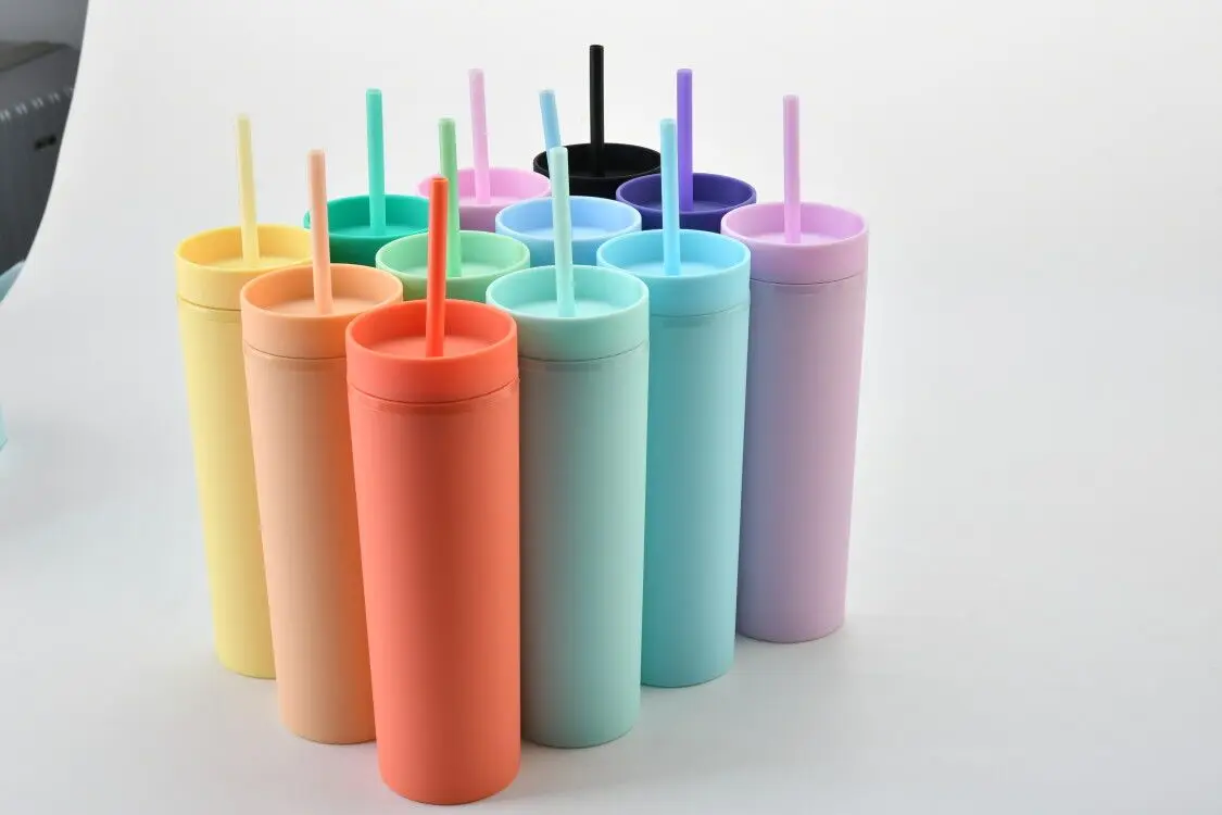 16oz Colorful Plastic tumblers double wall insulation coffee mugs curve wine tumbler with straw and