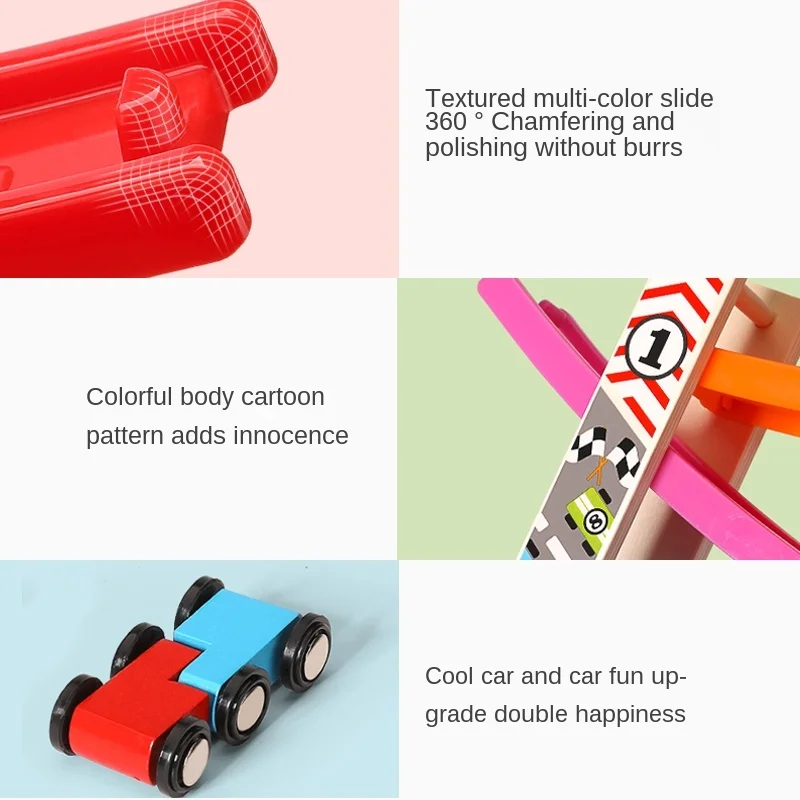 Children Wooden Multi Layer Ramp Race Track Mini Car Inertia Sliding Toy seven rail