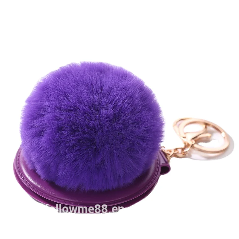 Mirror Pendent Fluffy Rabbit Fur Pompom Keychain for female gift