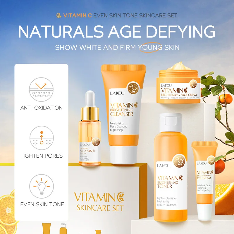 Popular Cosmetics Vitamin C Skin Care Set Anti-Aging Vit C Serum and Cream Kit Whitening Brightening Moisturizing Set for Face