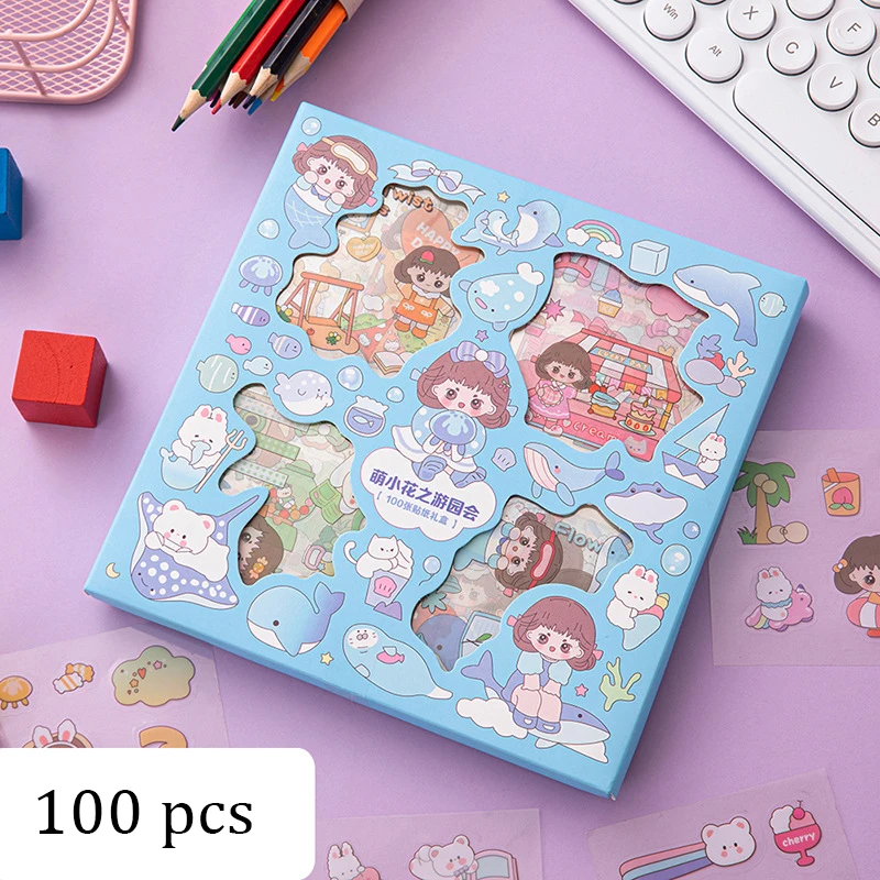 100 Pcs Cartoon Stickers Girls Students Promotional Gifts PET Waterproof Decoration Sticker Set