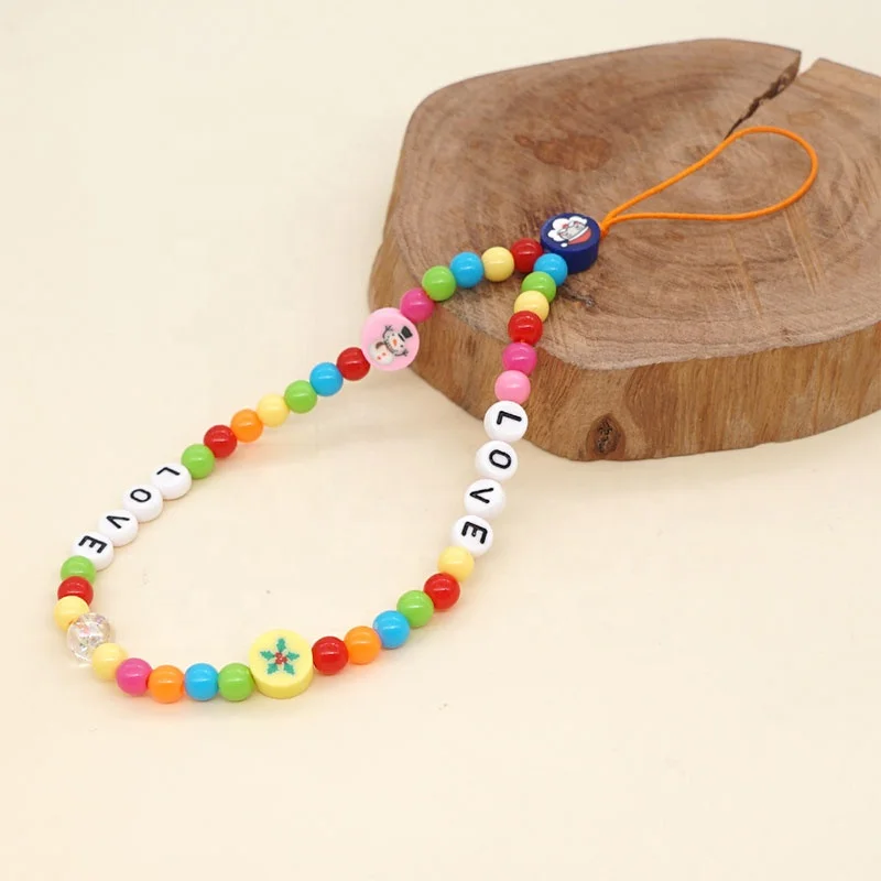 2021 Wholesale Christmas Colored Resin Soft Pottery Christmas Snowman Beaded Mobile Phone Chain For Girl