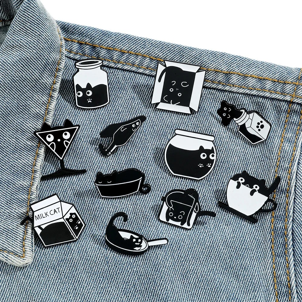 Wholesale Cute Cartoon Creative Personality Small Black Cat Brooch Liquid Ink Cat Alloy Bag Accessories