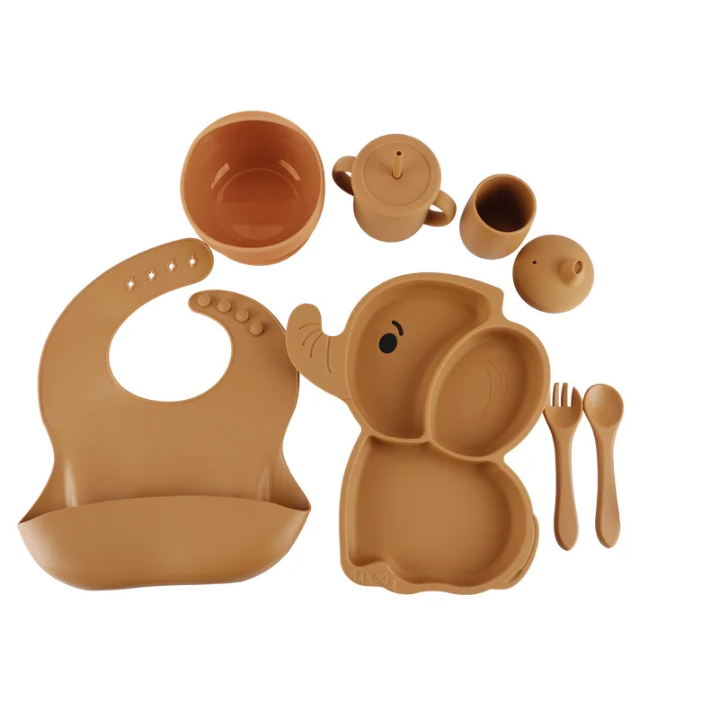 Soft Silicone Baby Suction Plate Bowl Bib Drinking Mug Cup Spoon And Fork Set Kids Feeding Tablewares
