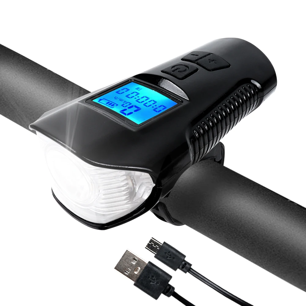 F23-0006 Good Quality Horn LED Cycle Front Headlight Rechargeable Bicycle Light With Bike Computer Speedometer Odometer