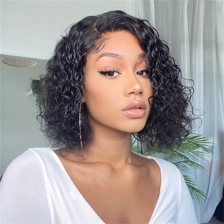 Cheap price wholesale human hair short peruvian bob wigs pixie curls lace frontal wig with baby hair 12a grade raw hair