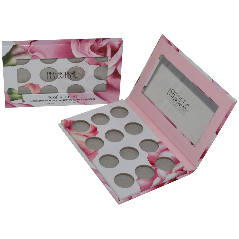 Magnetic Catch Eco Friendly Paper Cardboard Empty Makeup Cosmetic Packaging 12 Color Eyeshadow Palettes with Clear PVC Window