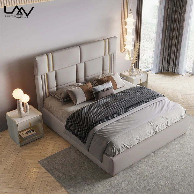 Italy design high back upholstered double bed villa bedroom luxury beige leather soft king size bed furniture