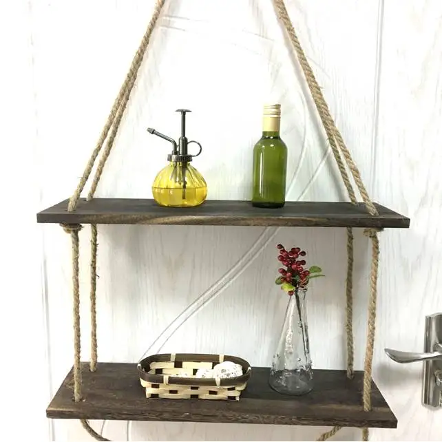 Custom Easy To Install Home Decor Rope Black Walnut Wooden Wall Hanging Floating Shelve