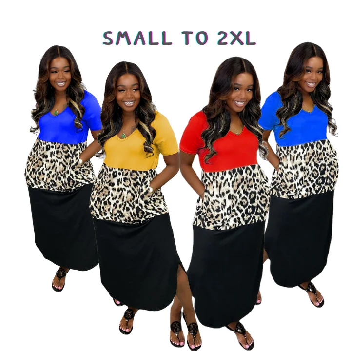 Fashion Leopard Print Patchwork Sexy Short Sleeve Dress Casual Summer Dress Womens Clothing