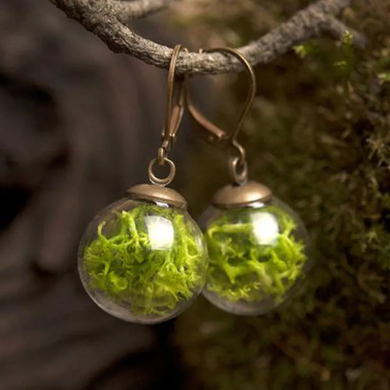 Vintage Copper sphere dangle real green moss Hoop Dandelion Glass Flower Earring
