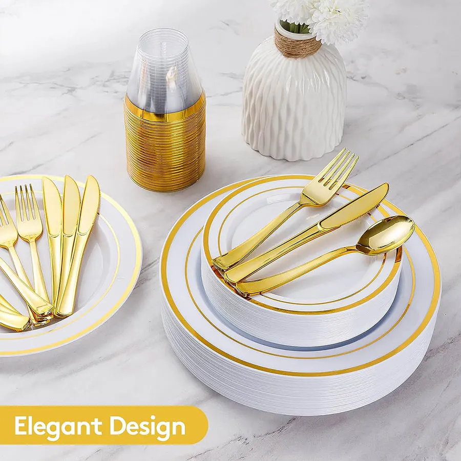 Elegant 150 Count Disposable Flatware Set Western Gold Cutlery for Parties and Weddings Plastic Dinnerware Sets