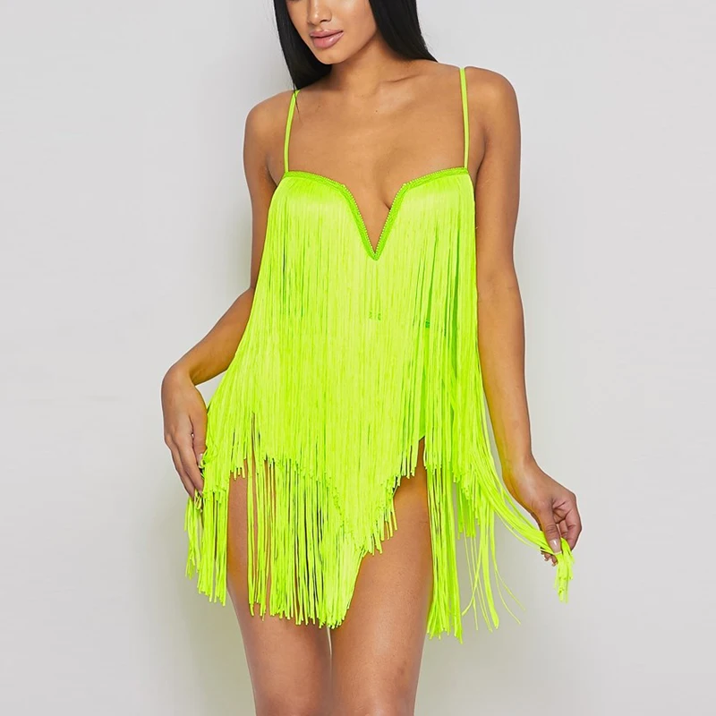 Adjustable Straps Wired V-neck Neon Fringe V-Neck Mini Dress Women Trendy Bodysuits