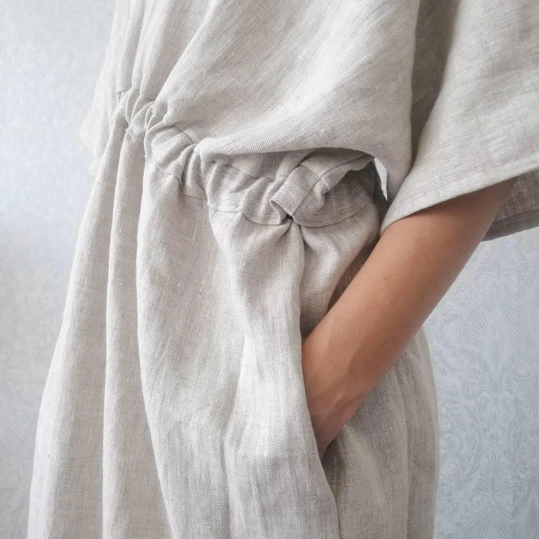 New Design midi dress with pockets 100% linen trendy loose deep v neck oatmeal 3/4 sleeve elastic waist ladies midi casual dress