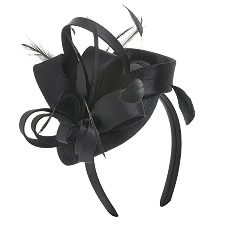 2024 Latest Design Hair Accessories Red Satin and Feather Mini Hat Fascinator Hairband Headband