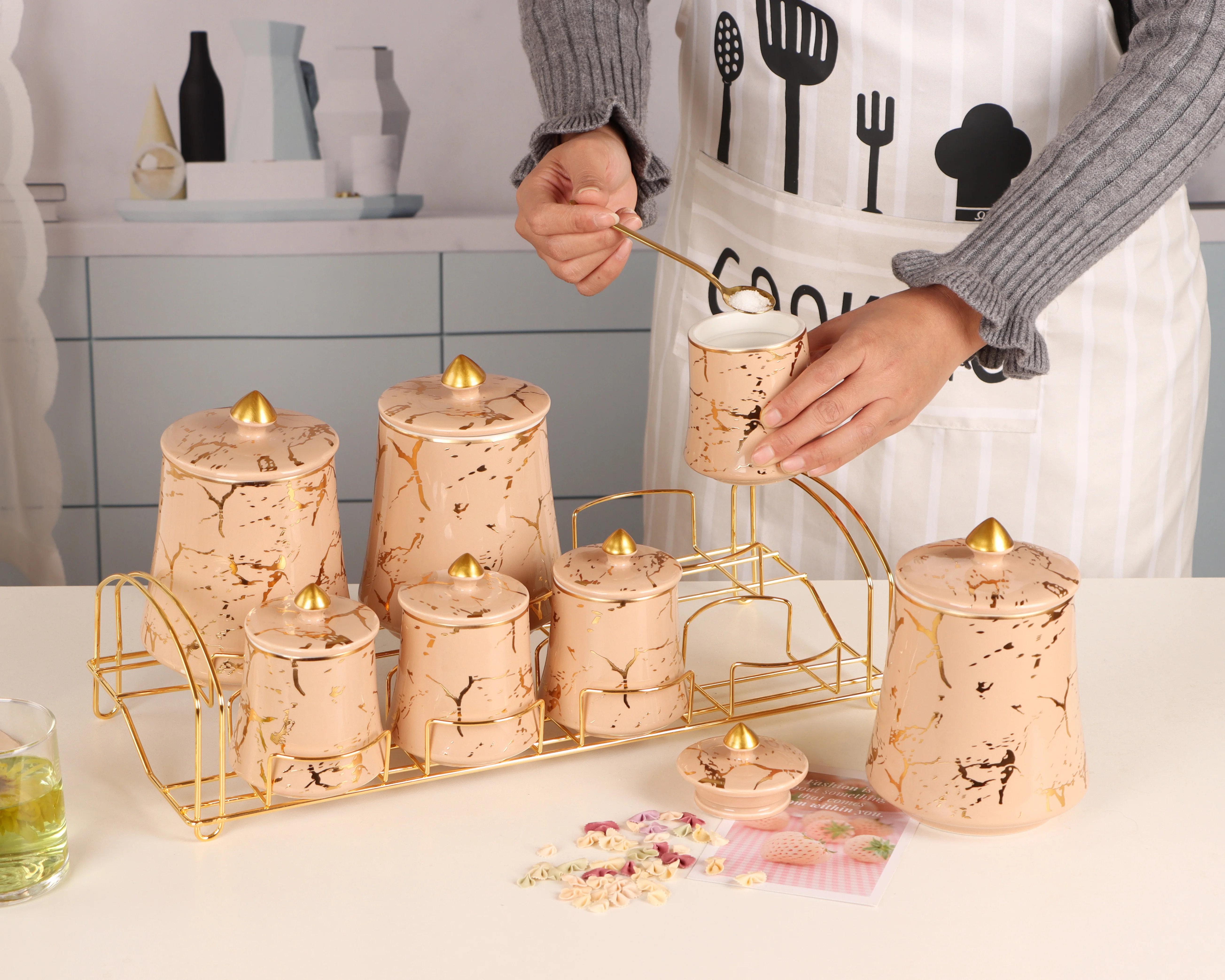 high end ceramic gold rim canister for tea coffee sugar, food storage ceramic jars