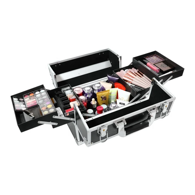 Mekup Cosmetic Bag For Lady Travel Makeup Bag With 4 Trays Lockable Cosmetic Storage Box For Women and Girls