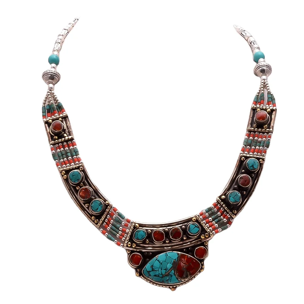 Natural Turquoise Coral Gemstone Necklace Tibetan silver Nepali Antique Necklace, Vintage Jewelry