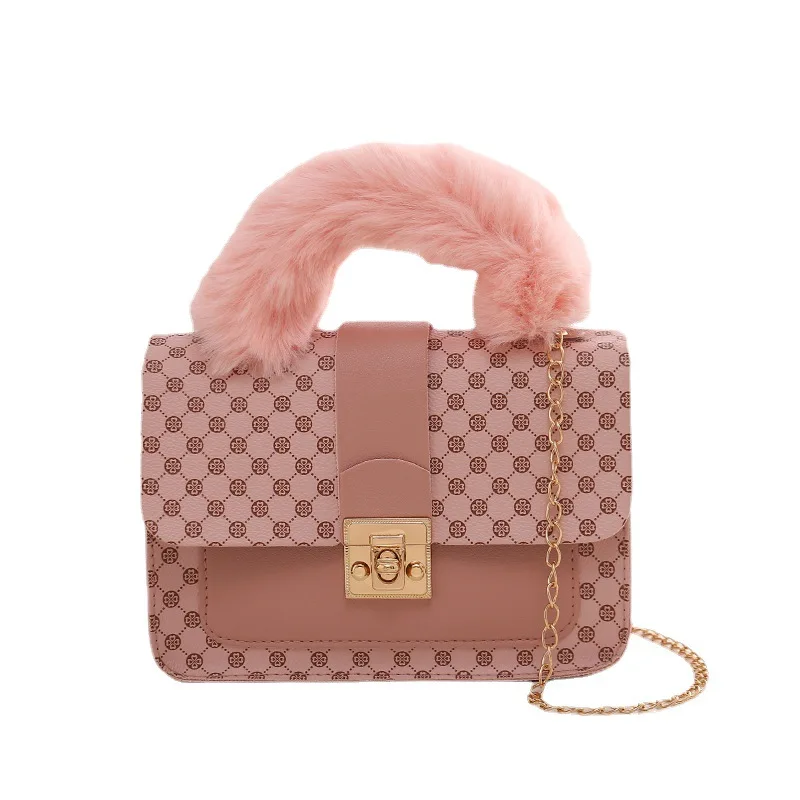 In Stock Cell Phone Bag Ladies Handbag Luxury Winter Lamb Wool Pu Small Square Bag Mini Custom Shoulder Chain Messenger Bag