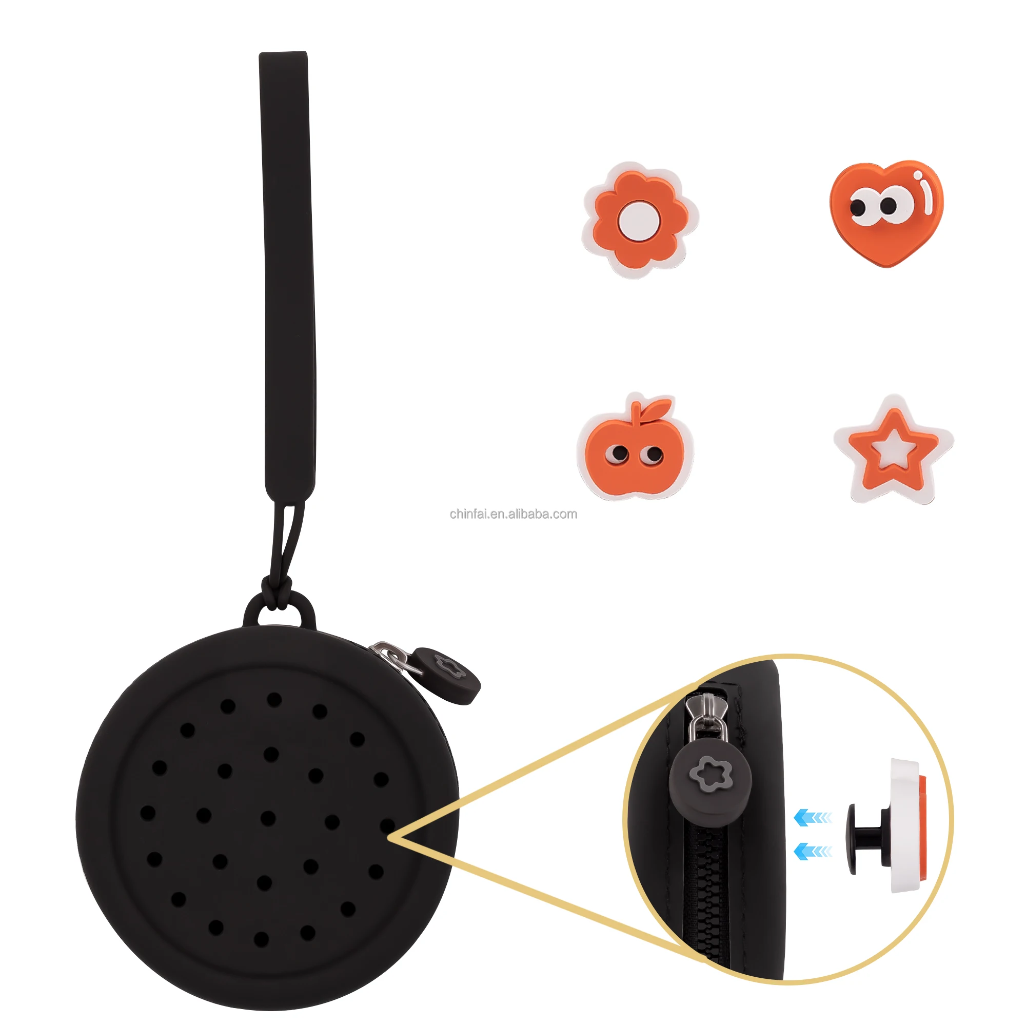 Portable Silicone Coin Purse Bag with Hand Strap DIY Cute Cartoon Pattern round Mini Pouch Zipper Closure Unisex Key Holder