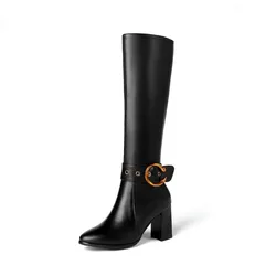 Autumn Winter Women High Boots Metal Buckle Zippers Booties Large Size Chunky Heeled Knee Knight Boots
