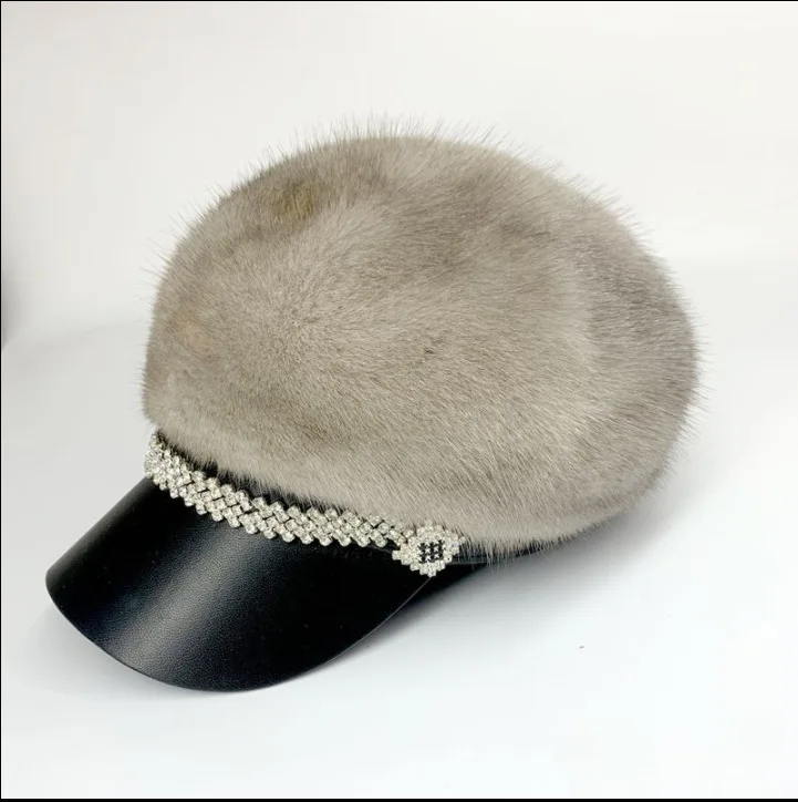 Custom baseball hat mink fur winter sheepskin leather warm ladies fashionable sports panel fluffy luxury fur hats for women