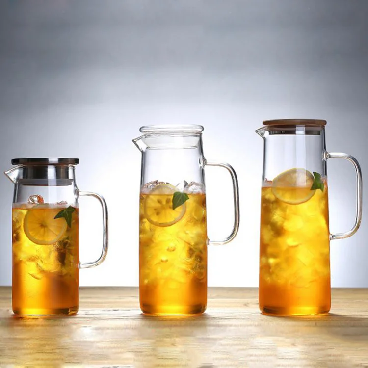1.2 L  Stock Drinking water Jug Stainless lid Glass water Jug with bamboo lid & spout, 1.2 L water Jug with side handle