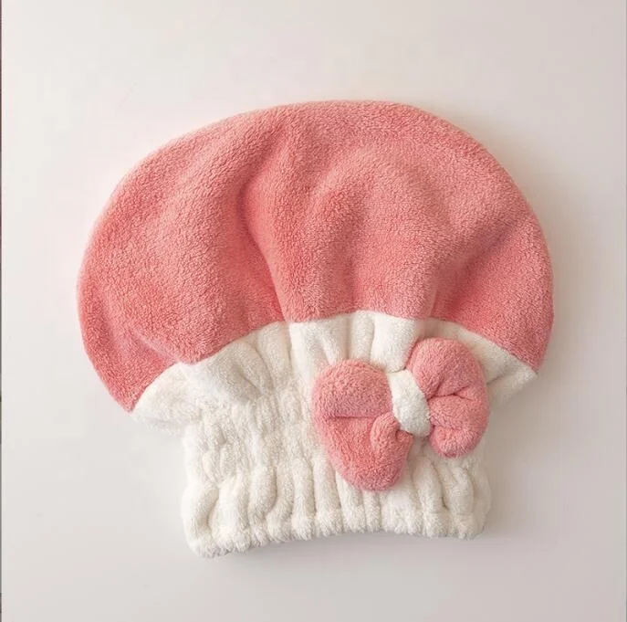 Color matching bowknot shower caps for women waterproof water-absorbing hair-drying cap coral fleece baby shower cap