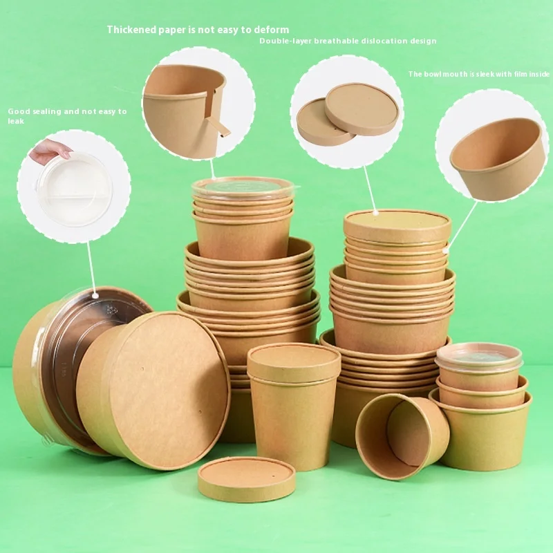 Wholesale Custom Kraft Paper Disposable Bowls With Lids for Take-Out Fruit Fish Salad Tableware Printing
