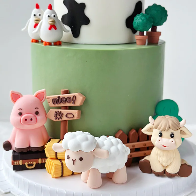 Soft plastic Ungle Animals Cake Decoration Yak Pony Sheep Pig Chicken Cake Topper For Birthday Party