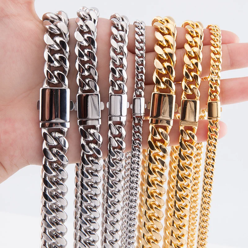 Hip hop Jewelry 6-14mm Miami Gold Plated Cuban Link Chain Necklace Stainless Steel Cuban Chain Necklace For Men Jewelry