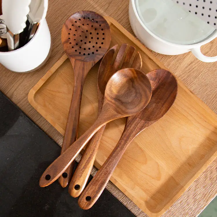 Natural Teak Cooking Set Kitchen Utensil Long Handle Bamboo Wood Soup Spoons Wooden Utensils Set