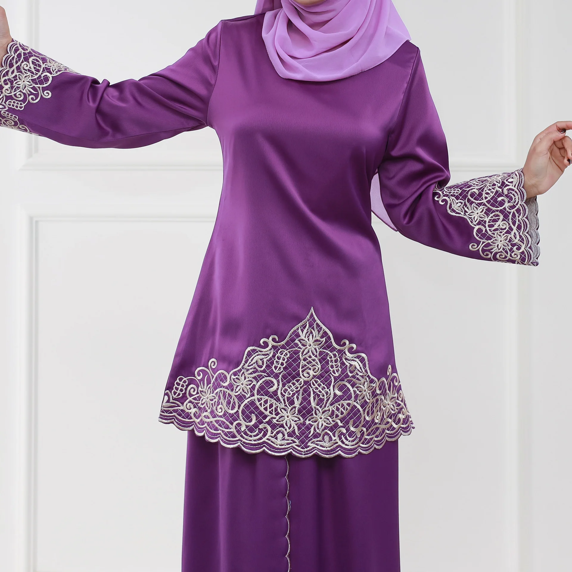 Embroidered Middle East Two-piece Set arabic muslim dress malaysia islamic clothing Baju Kurung Muslim Dress 7