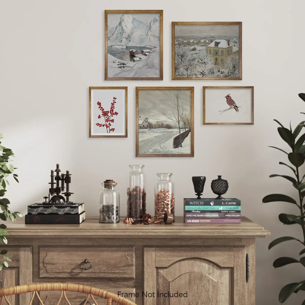 Vintage Farmhouse Wall Decor Aesthetic Botanical Picture Rustic Snowy Winter Room Set of 5 Neutral Gallery decor Wall art