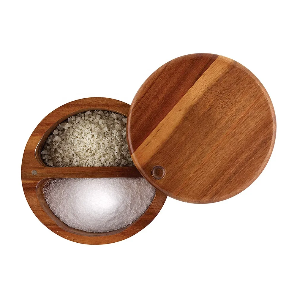 
Custom Brown Wood Salt Cellar With 2 Compartments Wood Round Salt Box Spice Box with Swivel Cover 