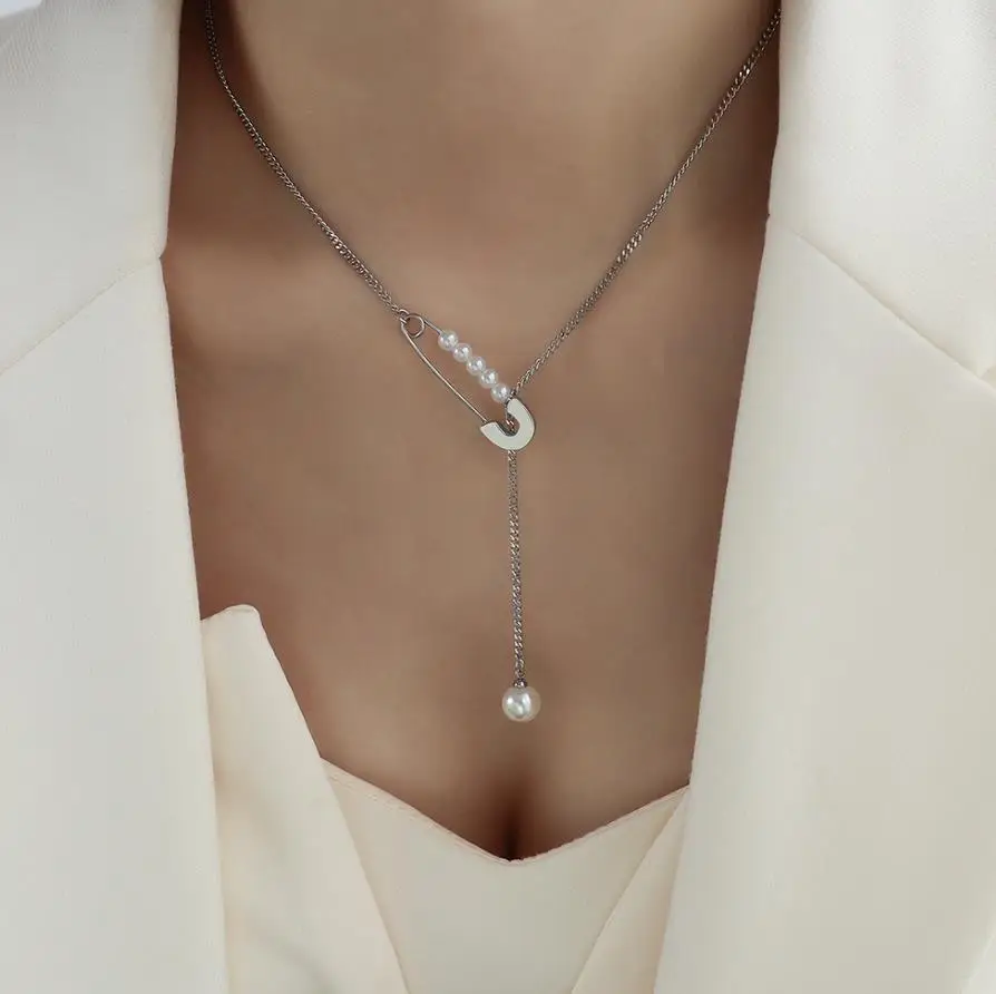 French paperclip collier femme 18K gold imitation pearl necklace stainless steel long necklace with pearl for women