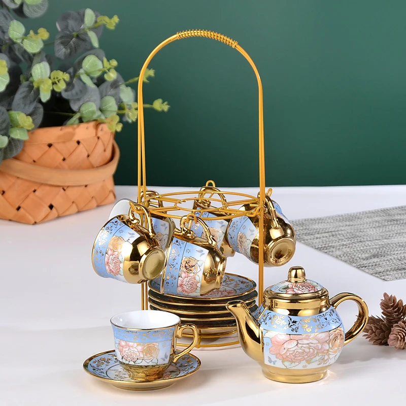 Modern luxury tea set Custom Chinese  ceramic Tea cup  Pot Gold plated Full coffee tea set