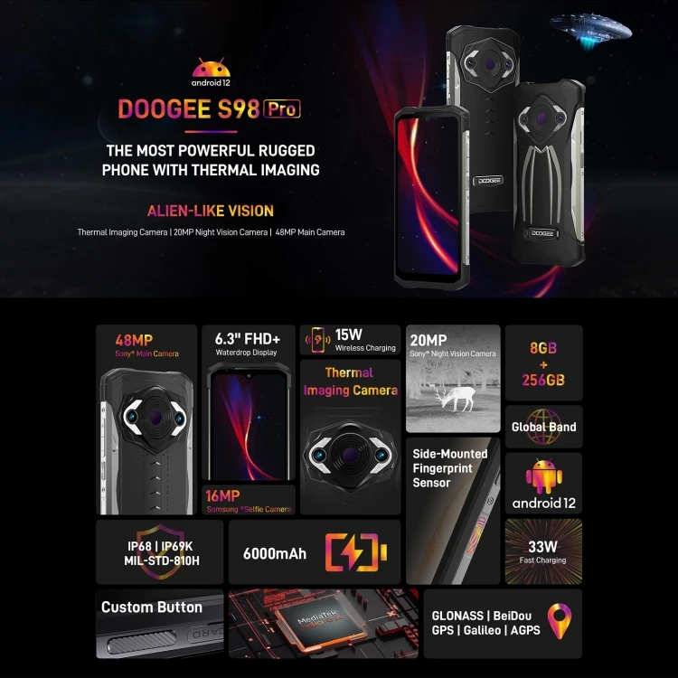 5G Rugged Telephons DOOGEE S98 Pro 8GB+256GB Mobile Phone Night Vision 6.3 inch Android 12 IP68/IP69K Waterproof Smartphone