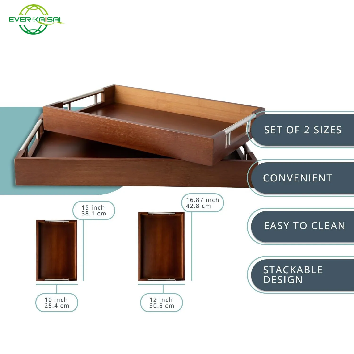 A set of 2 Modern Bamboo Trays  with Metal Handles, Dark Brown Wooden Pallets for Entertainment and Food Supply, Kitchenware set