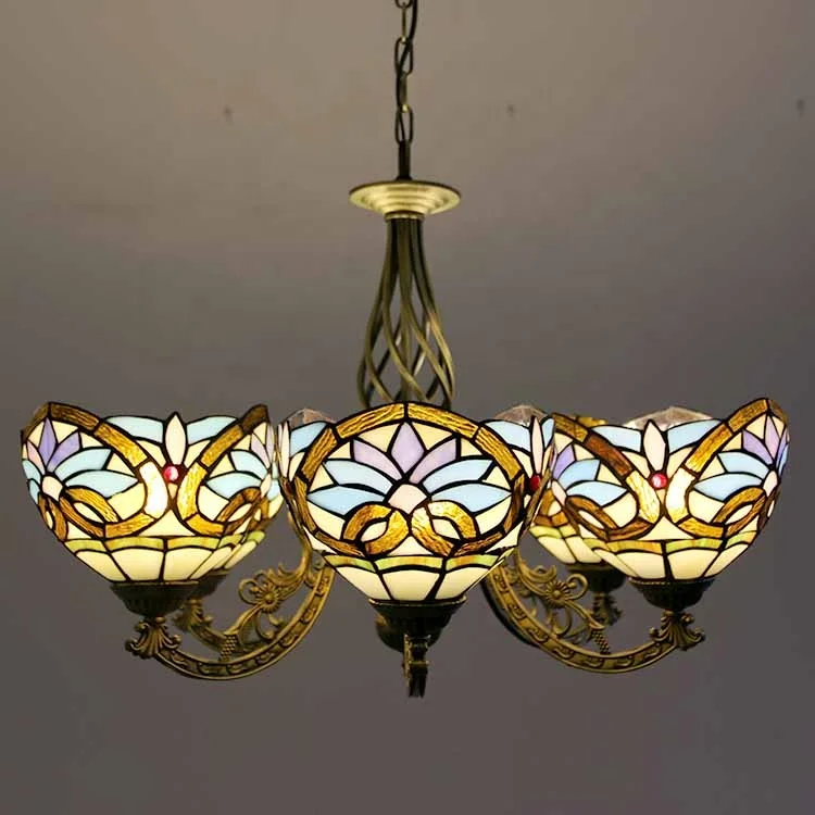 LongHuiJing 110V-120V 6 Lights Pendant Light Tiffany Stained Glass Love Patterned Chandelier Lighting Fixtures