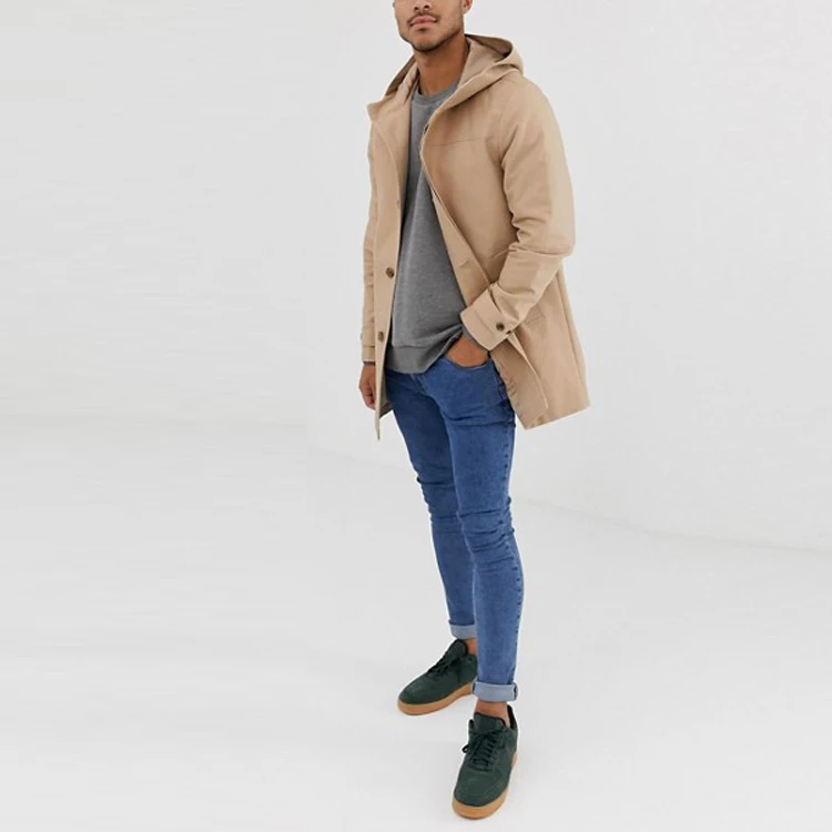 Модный китайский поставщик на заказ мужской с капюшоном хаки цвет длинный плащ